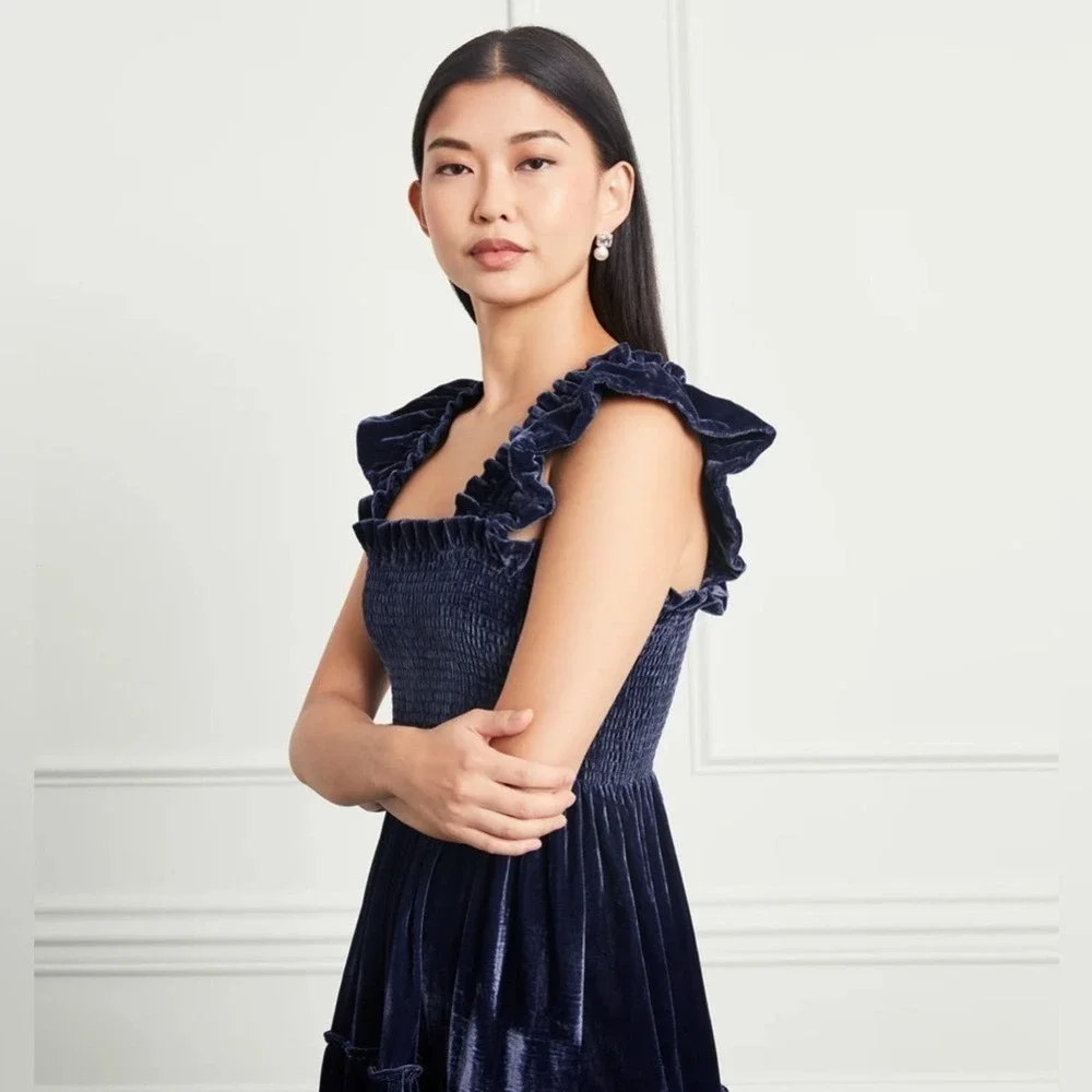 Hill House Navy Velvet Ellie Nap Dress S Holiday Midi Tired Ruched Sleeveless - Picture 2 of 14